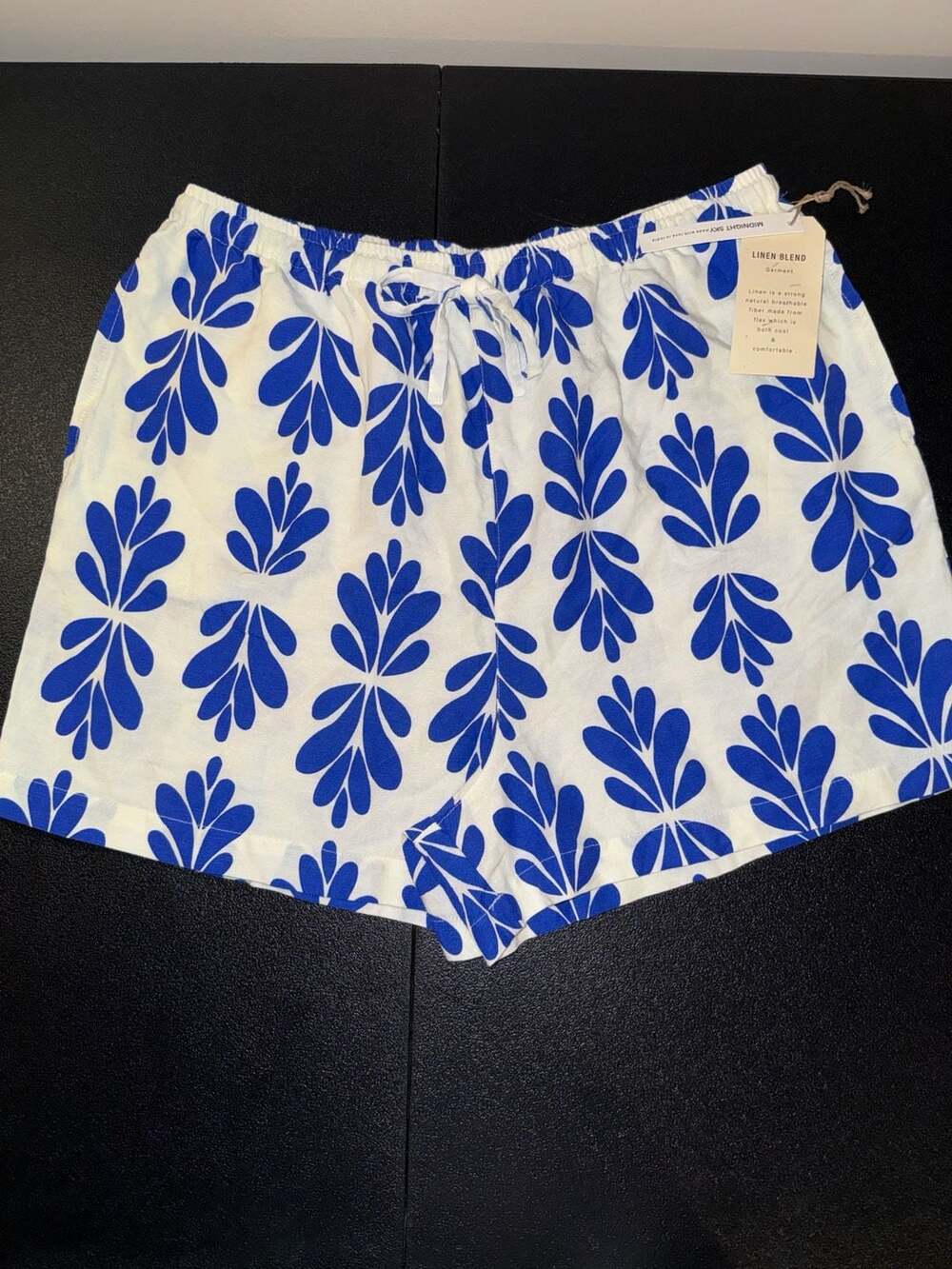 Midnight Sky Linen Blend Drawstring Leaf Print Shorts Size L